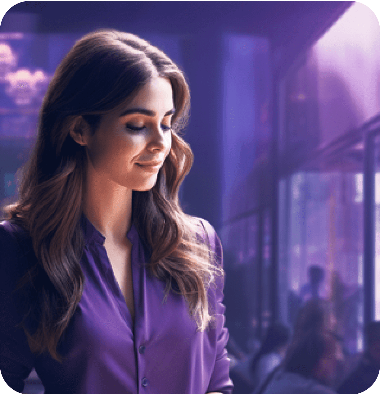 A smiling woman in a purple shirt in a modern office