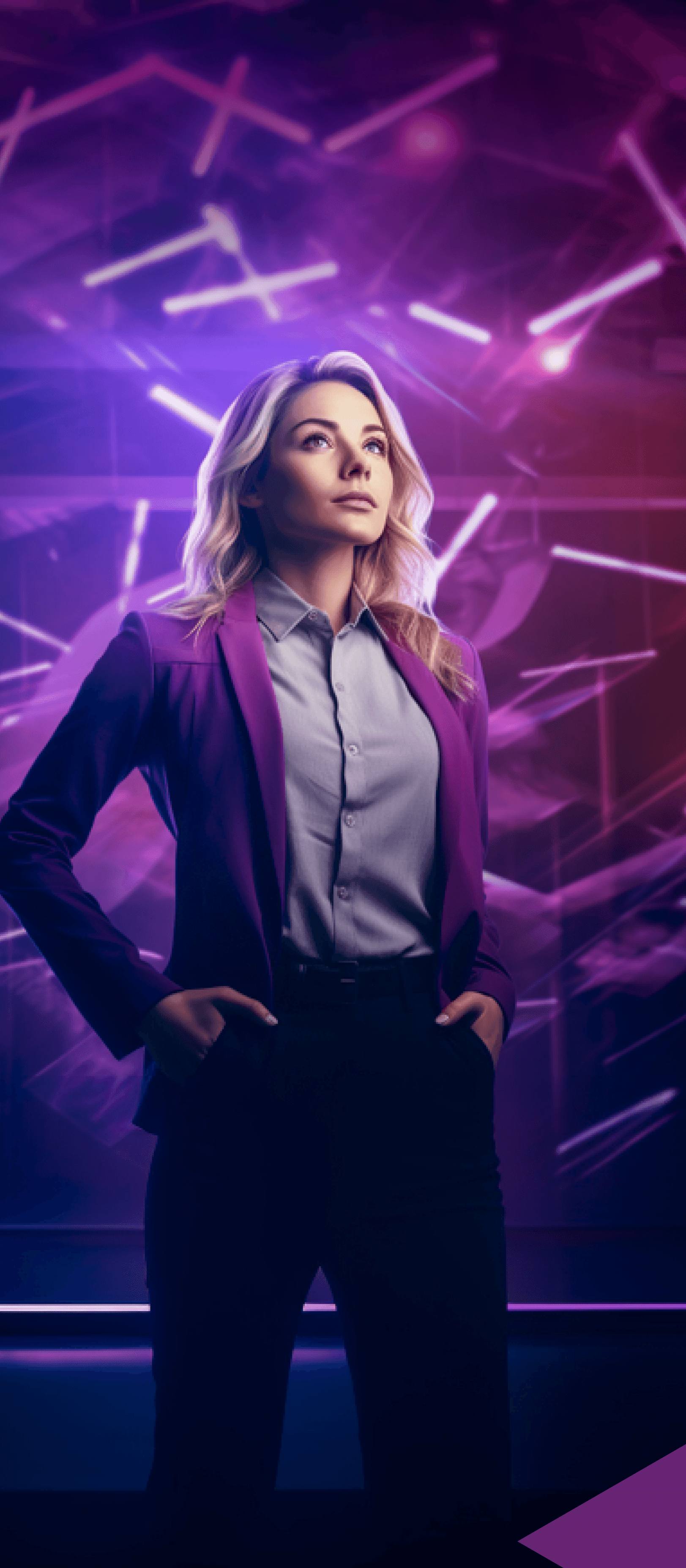 A businesswoman in a purple suit, hands in pockets, before a neon-lit violet backdrop