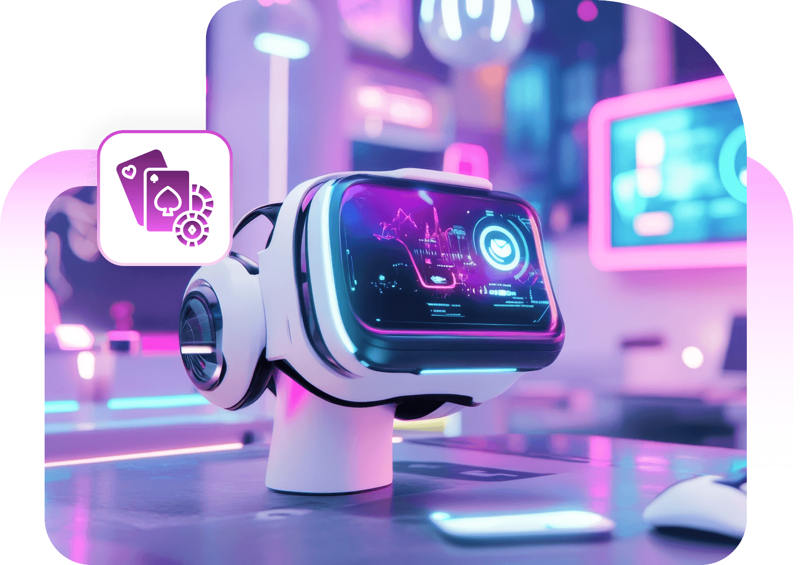 A white VR headset on a stand in a neon-lit gaming room, with a playing cards and chips badge