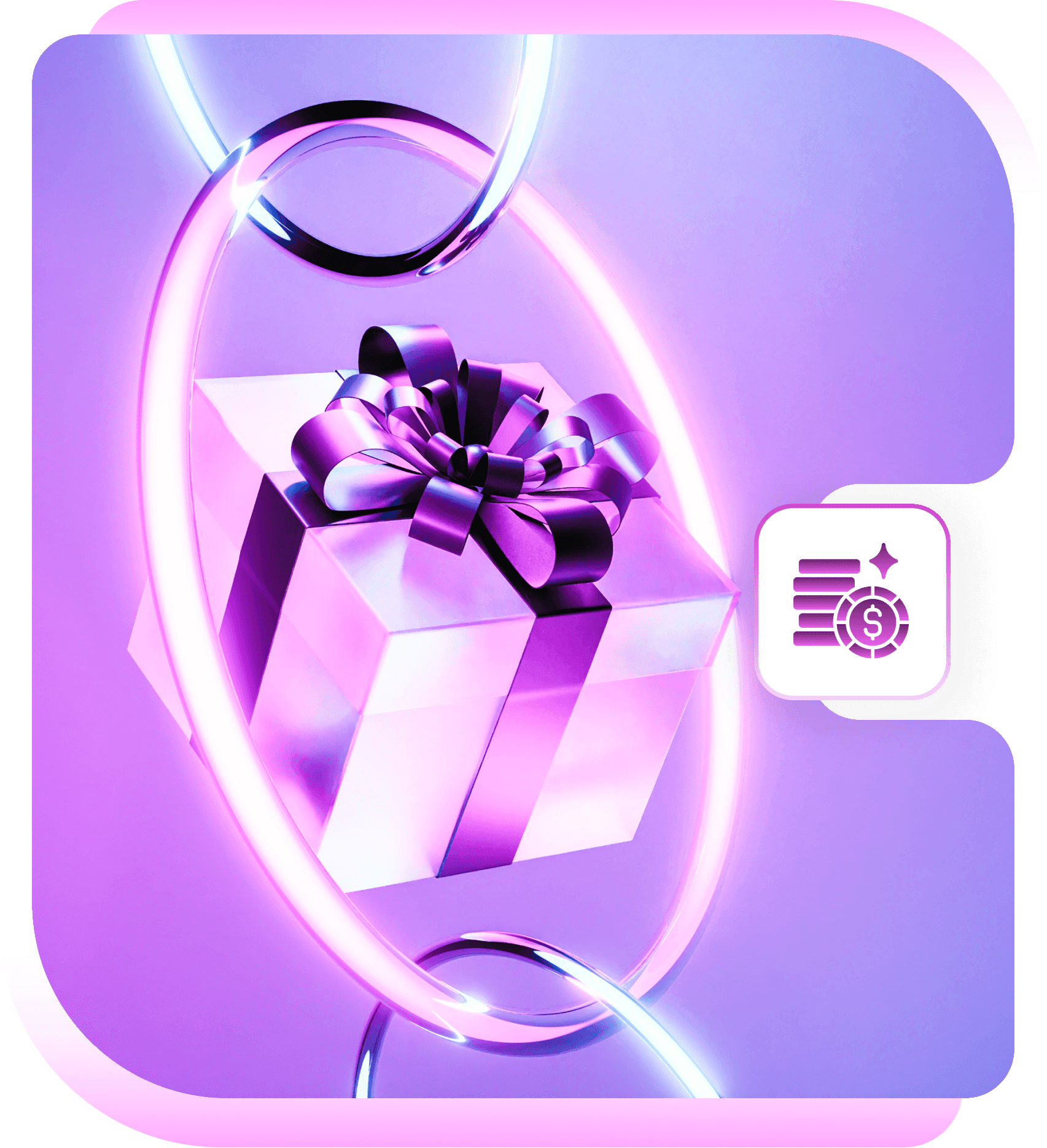A violet gift box with a ribbon bow inside glowing chain links, with a casino chip and coins badge