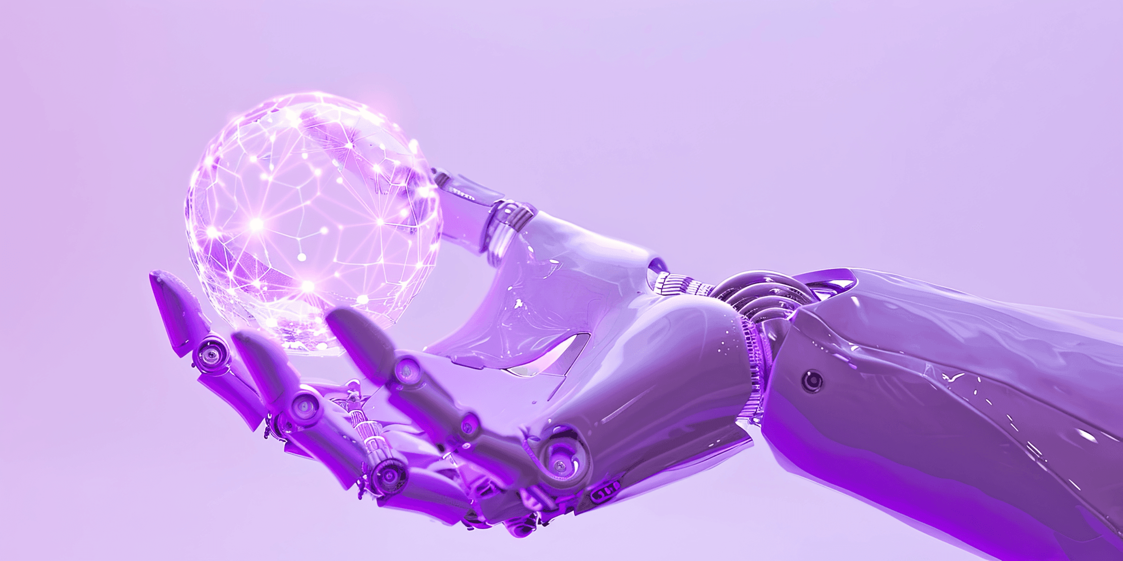 A violet robot hand holding a glowing network sphere
