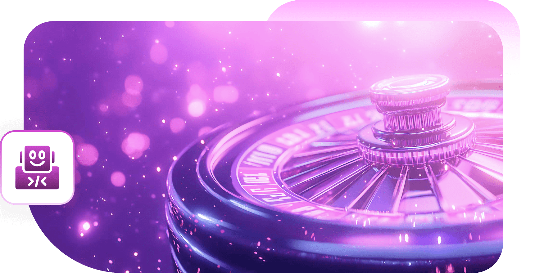 A glowing roulette wheel in violet light, with a robot coder badge
