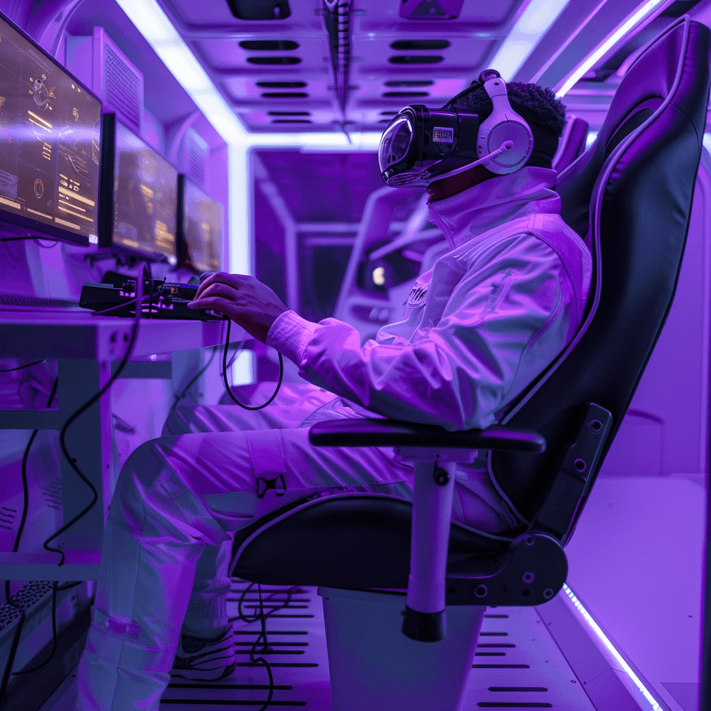 A person in a VR headset in a racing seat before a row of monitors, in a violet-lit room