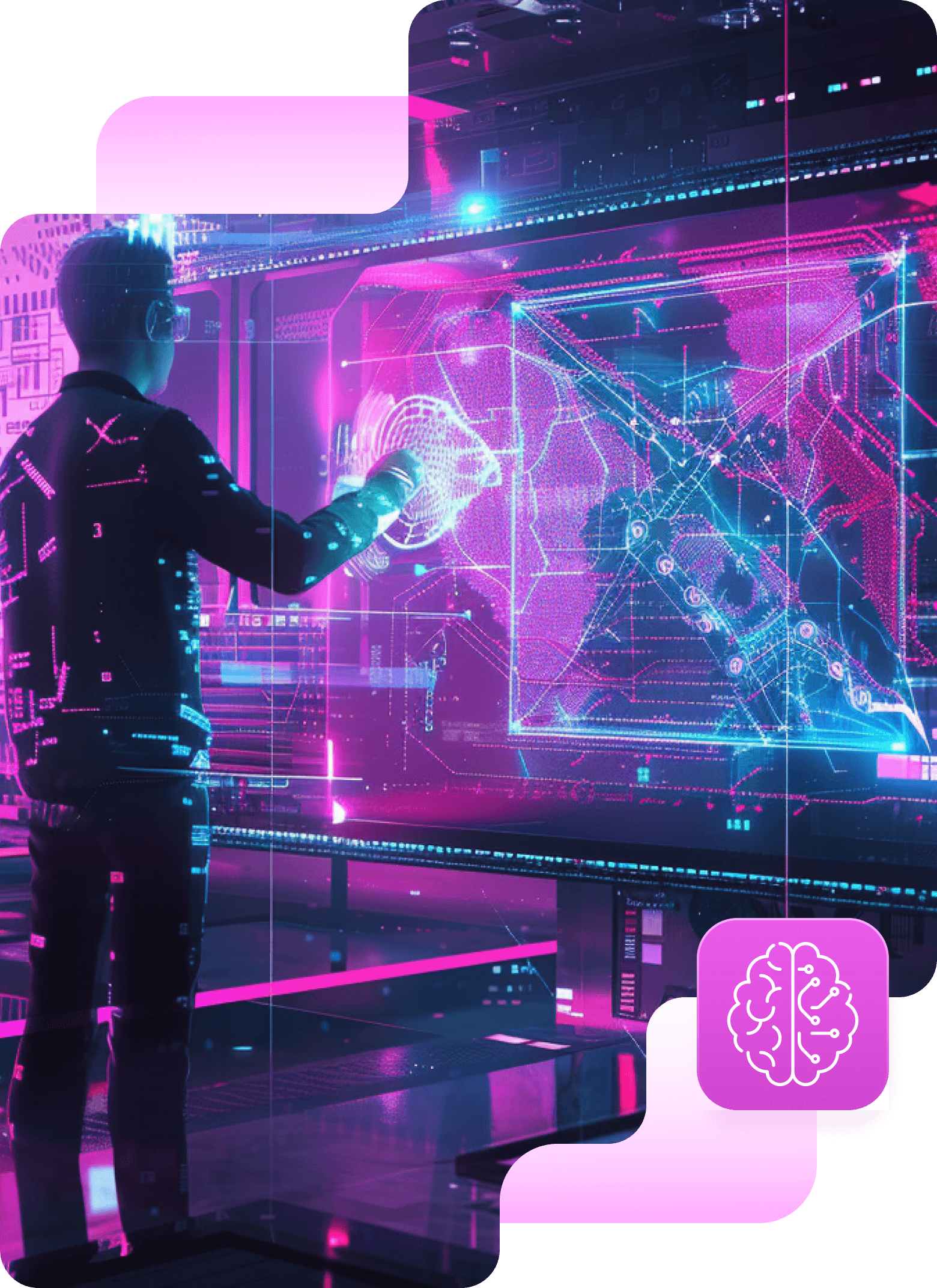A man in a dark jacket touching a glowing pink and blue holographic map on a large screen, with a brain icon badge