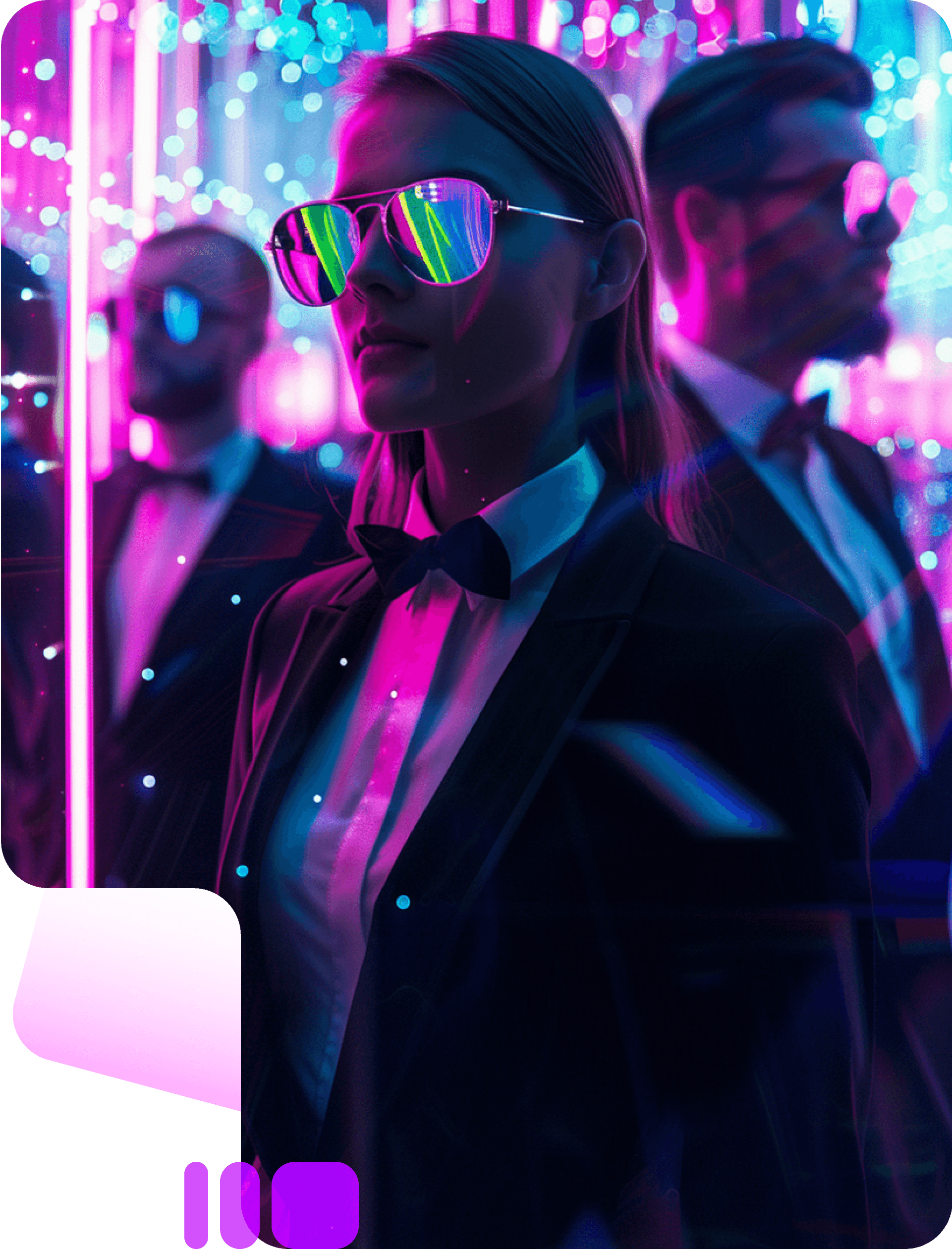 A woman in mirrored sunglasses and a tuxedo with a bow tie, two men in suits behind her, under pink and teal neon lights