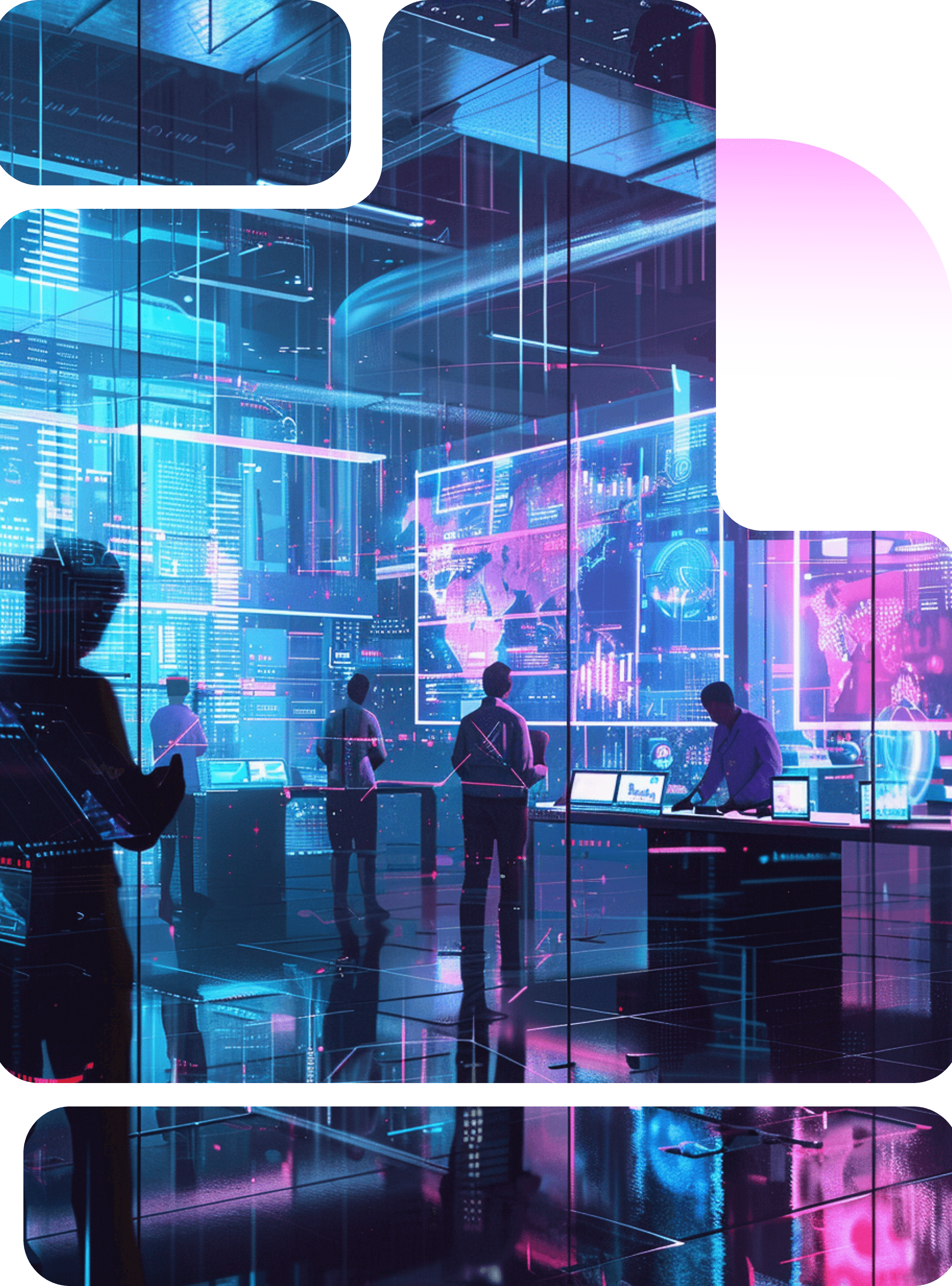 People at desks in a blue-lit control room with glass walls and large screens showing world maps and charts