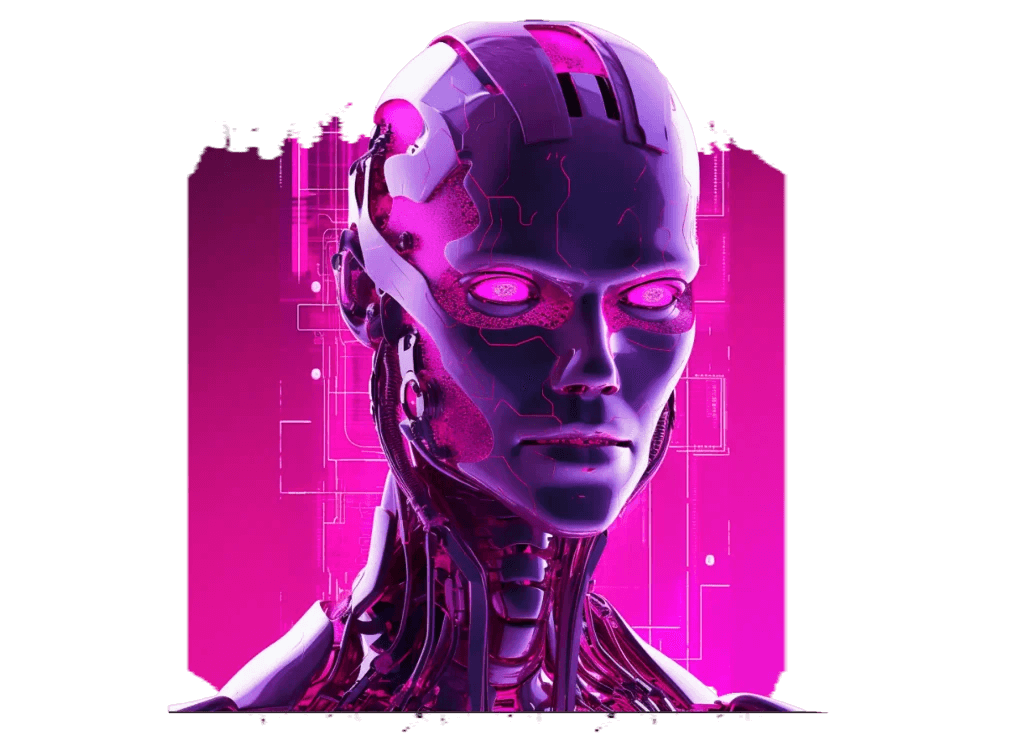 A humanoid robot's head with glowing magenta eyes and circuit lines on its face, before a magenta circuit-board backdrop