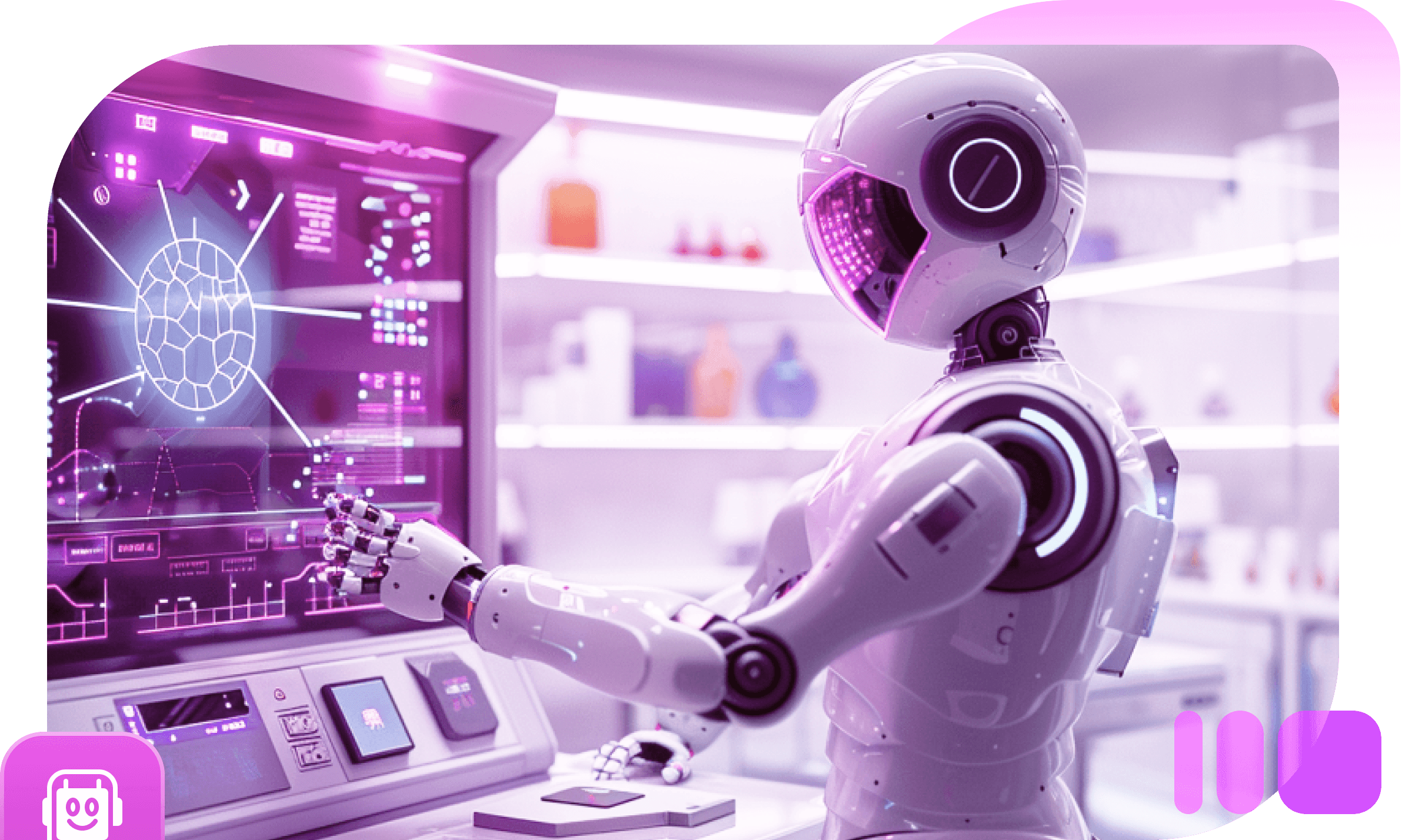 A white robot touching a glowing violet data screen in a laboratory