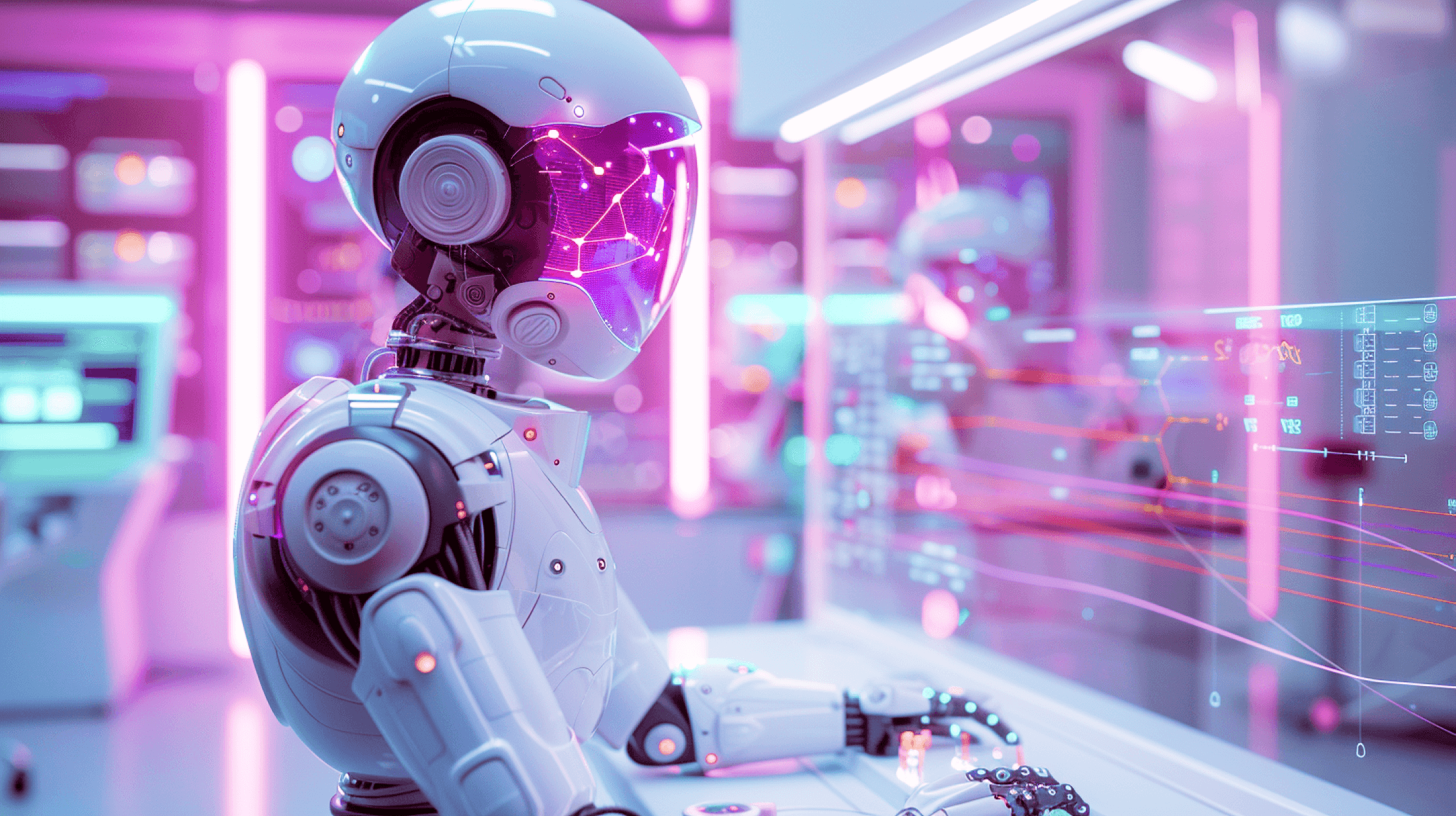 A white robot with a glowing visor working at a holographic screen in a neon-lit lab