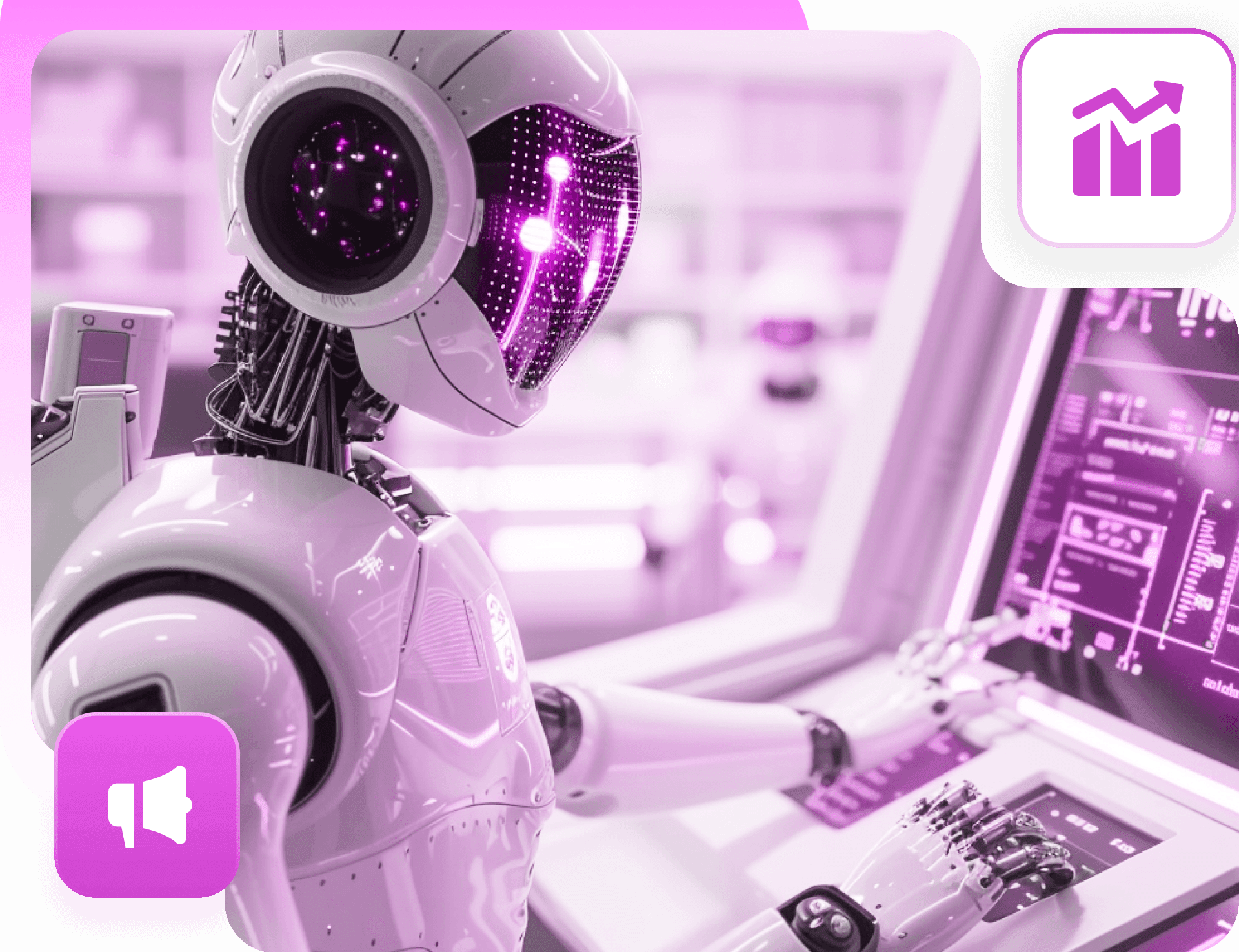A white robot with a glowing magenta visor working at a control screen, with chart and megaphone badges