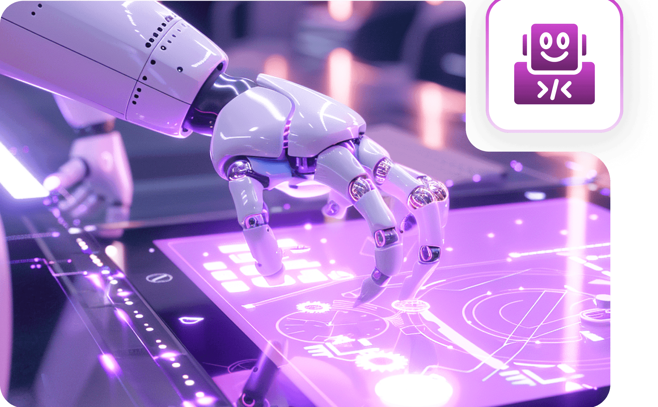 A robot hand touching a glowing violet circuit tablet, with a coding robot badge