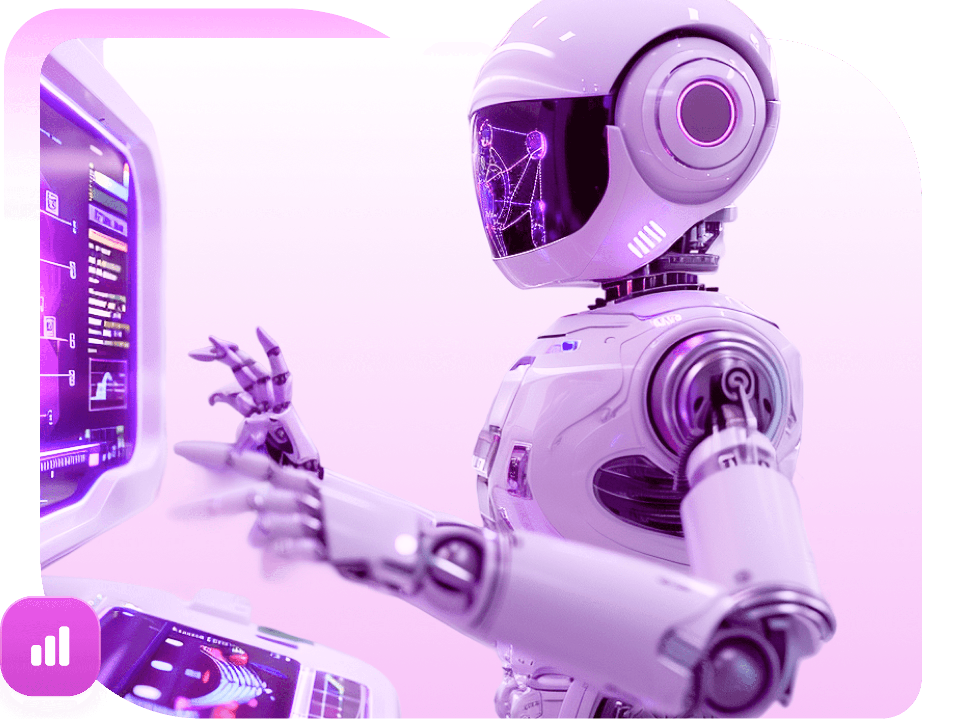 A white robot reaching toward a glowing violet screen, with a chart badge
