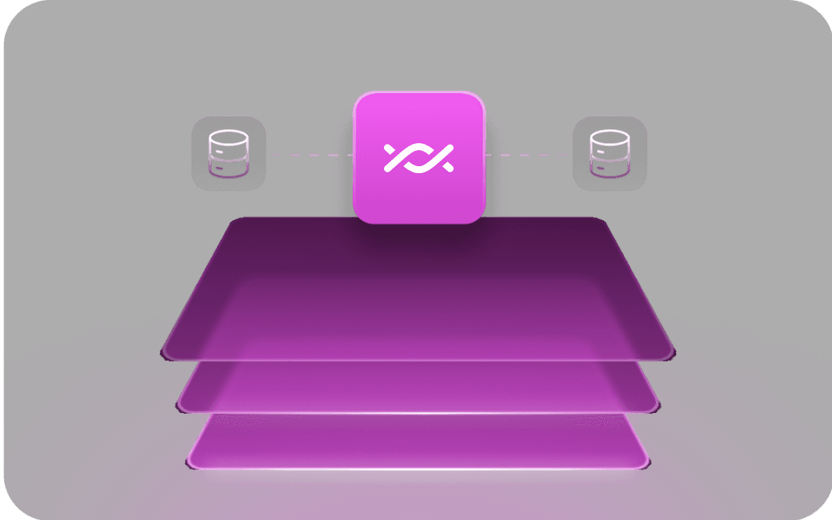 A magenta transfer tile between two database icons, above three stacked glowing layers