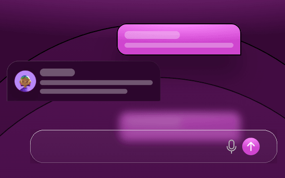 A chat window: a user message with an avatar, a magenta reply bubble and a message box with microphone and send buttons