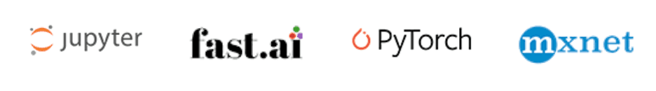 Jupyter, fast.ai, PyTorch and MXNet logos