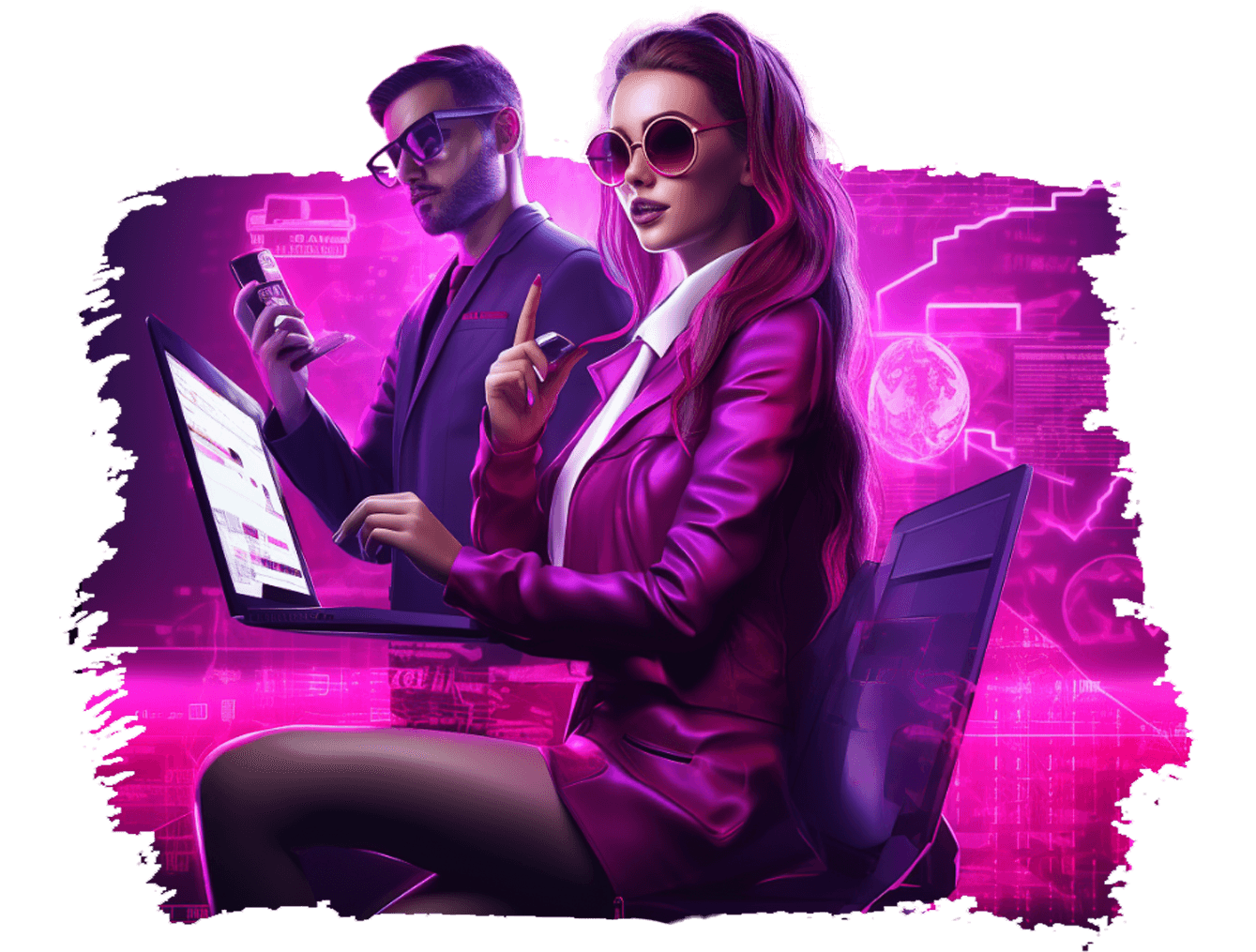 Two marketers at a laptop in front of a glowing magenta dashboard
