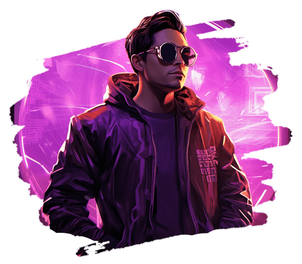 A young man in sunglasses and a dark hoodie jacket against a splash of magenta paint