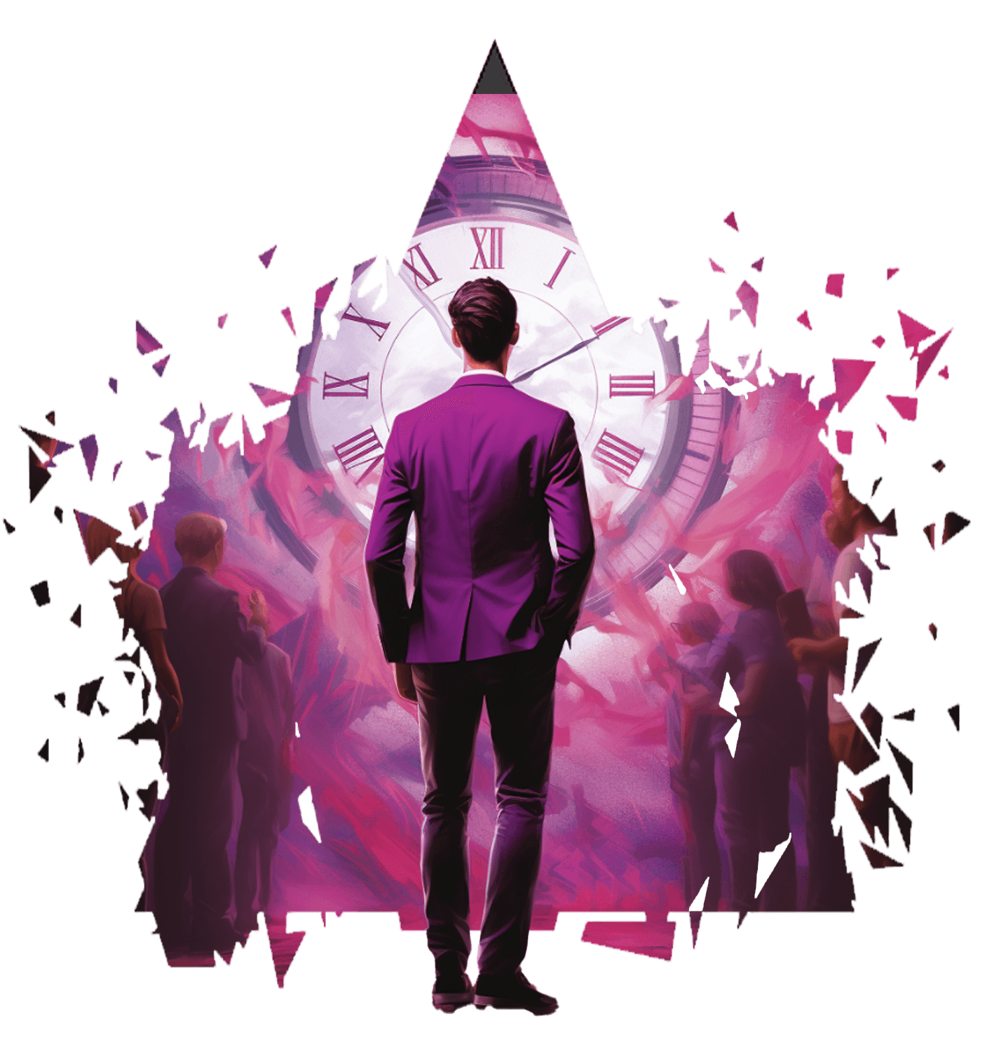 A man in a magenta suit, seen from behind, facing a giant clock inside a shattering magenta triangle