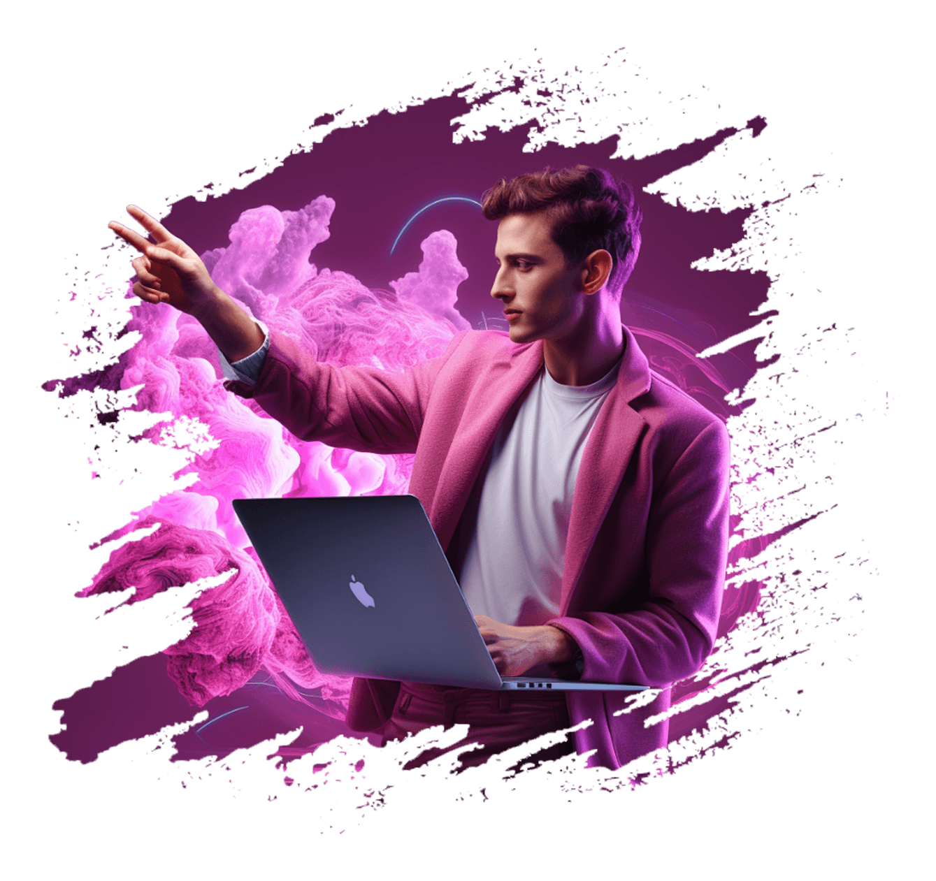 A young man in a pink blazer holding a laptop and pointing upward, wrapped in magenta smoke