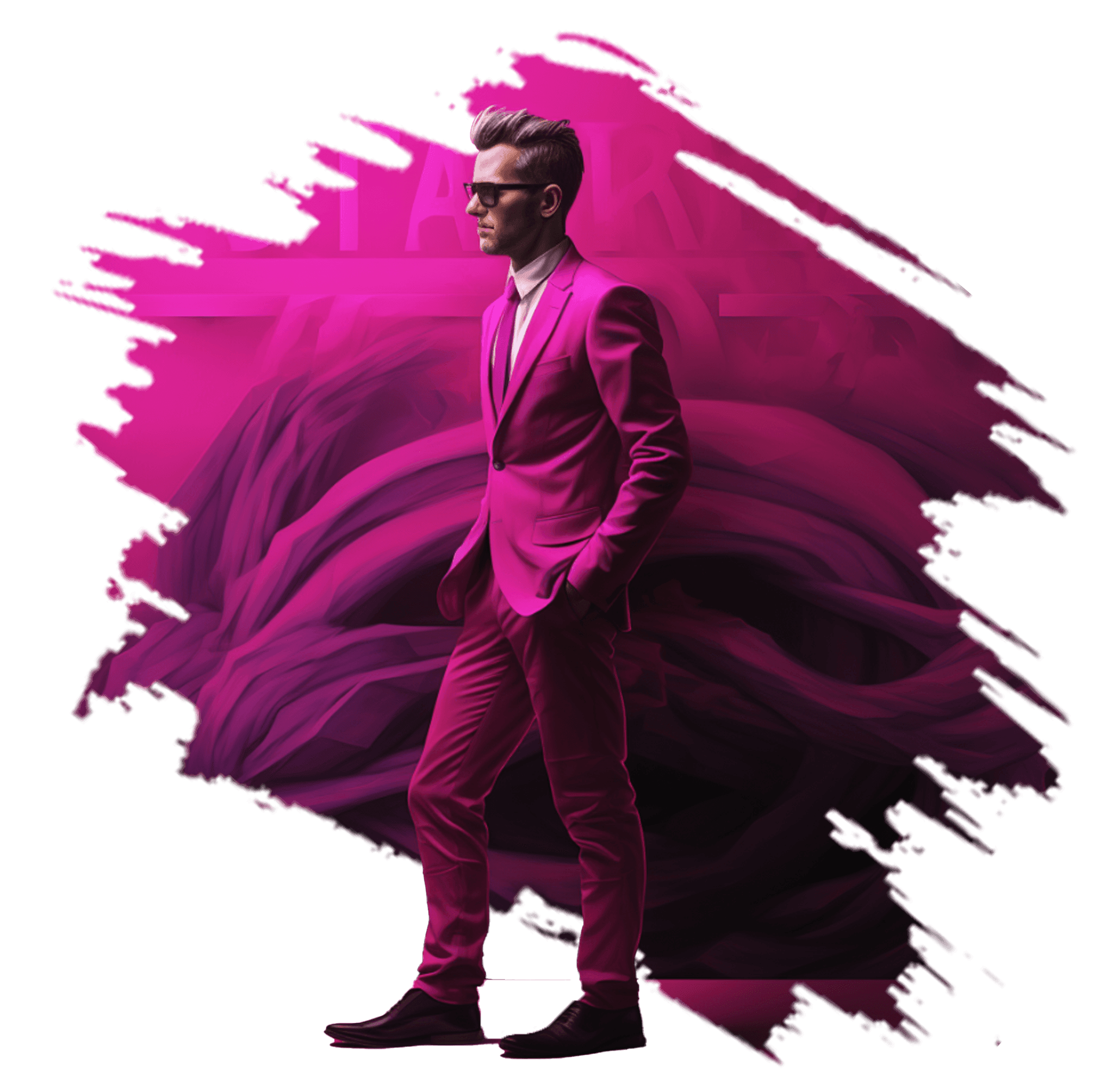 A man in a magenta suit and sunglasses, hands in his pockets, in front of a magenta brush-stroke backdrop