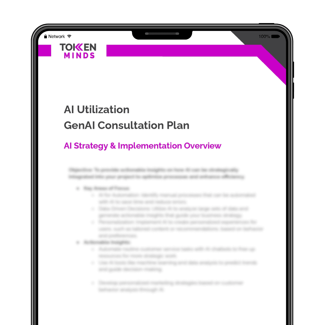 An AI Utilization GenAI Consultation Plan by TokenMinds on a tablet, opening with its AI strategy and implementation overview