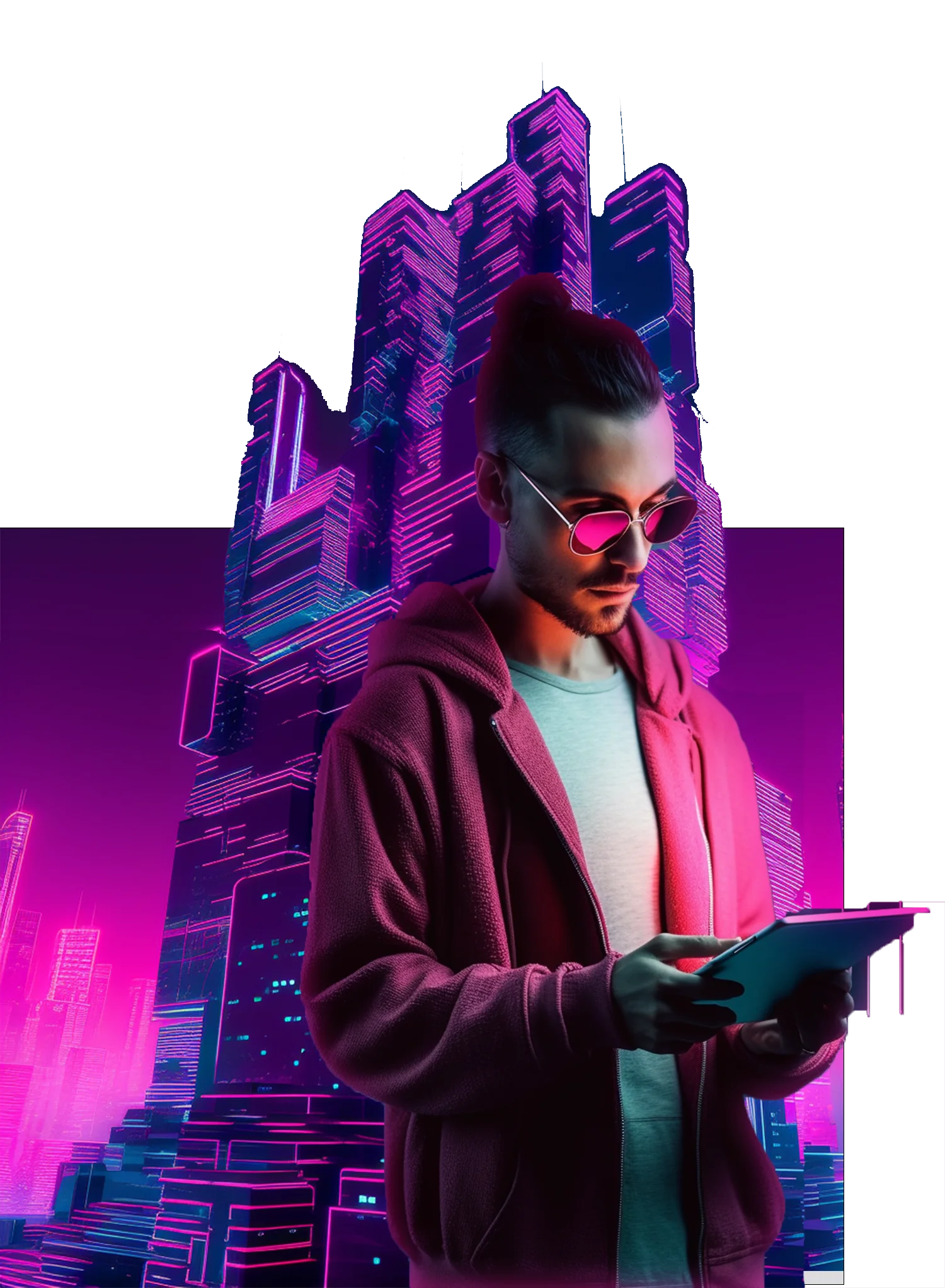 A man in pink sunglasses and a red hoodie reading a tablet, before neon-lit skyscrapers