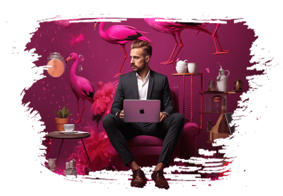 A man in a dark suit working on a laptop in a pink armchair, among pink flamingos