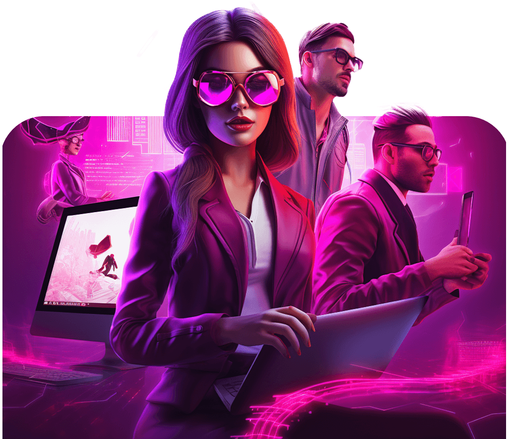 A woman in a magenta suit and pink-tinted glasses with a laptop, two men in glasses behind her, one holding a tablet, in a neon-lit office