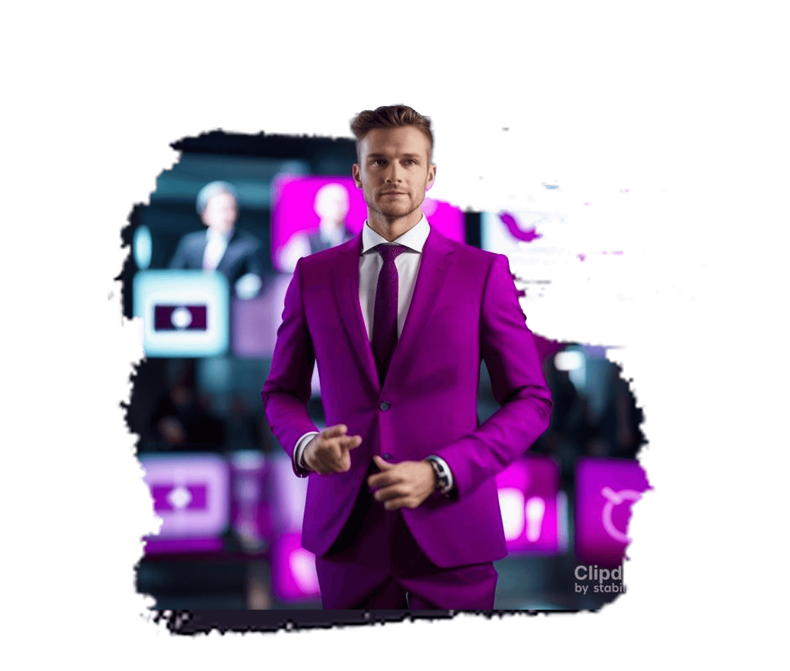 A man in a magenta suit and tie in front of glowing magenta screens, set on a torn brushstroke backdrop