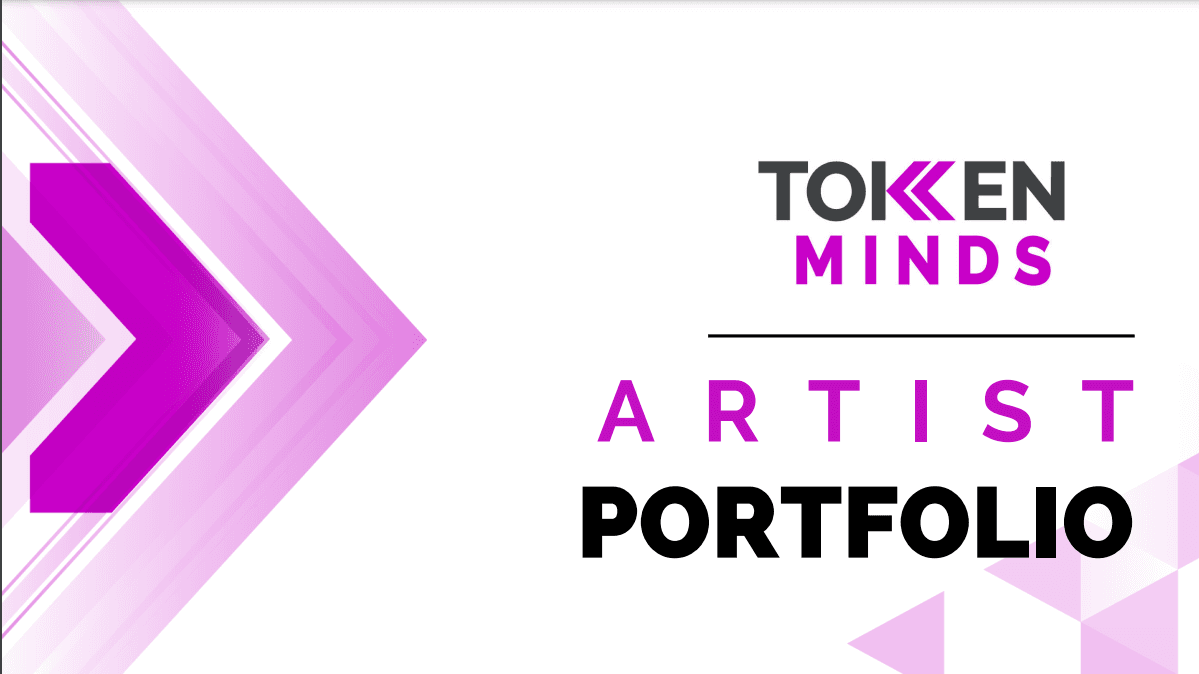 TokenMinds Artist Portfolio cover, beside magenta chevrons