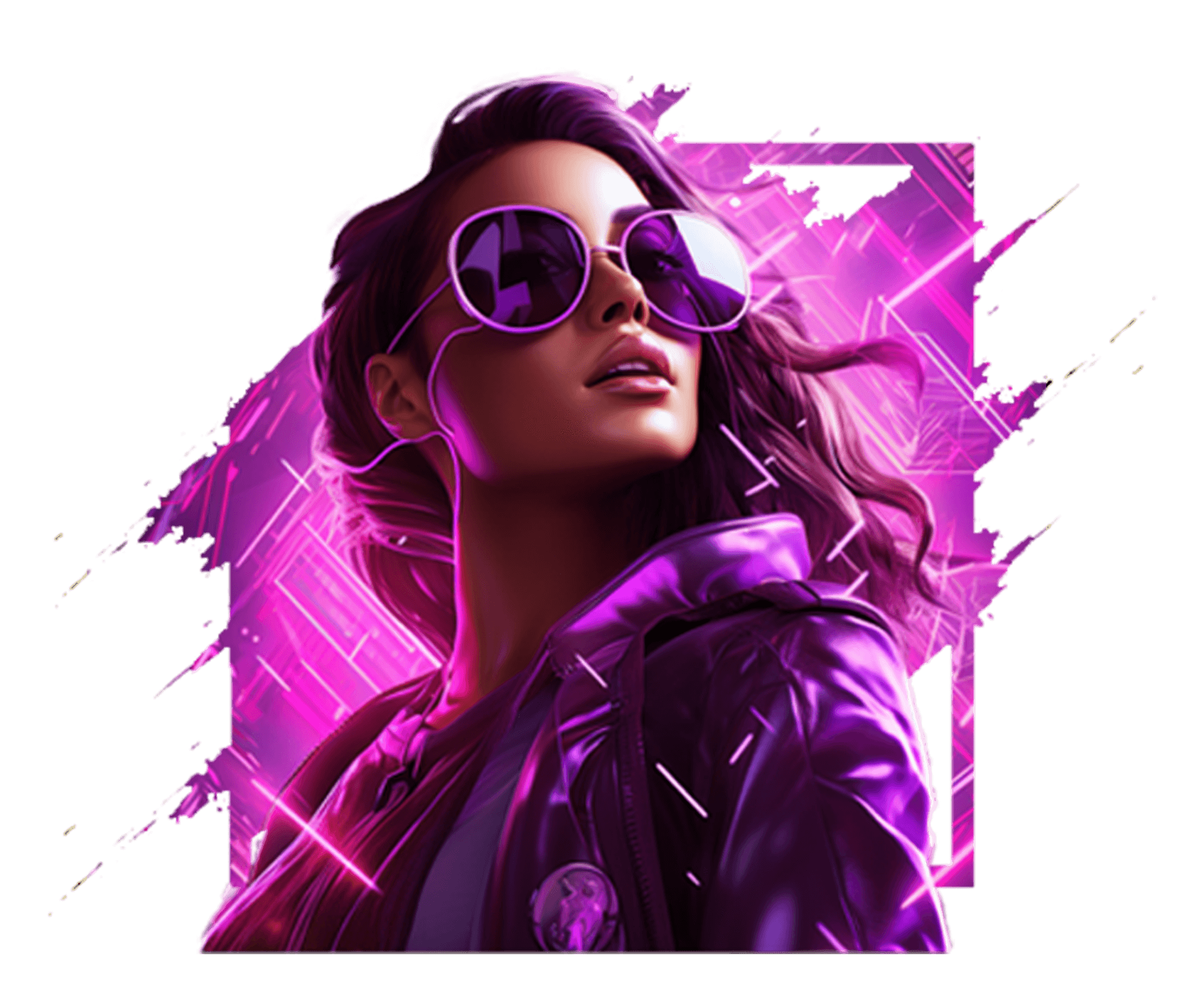 A woman in mirrored violet sunglasses and a purple leather jacket against a magenta paint splash