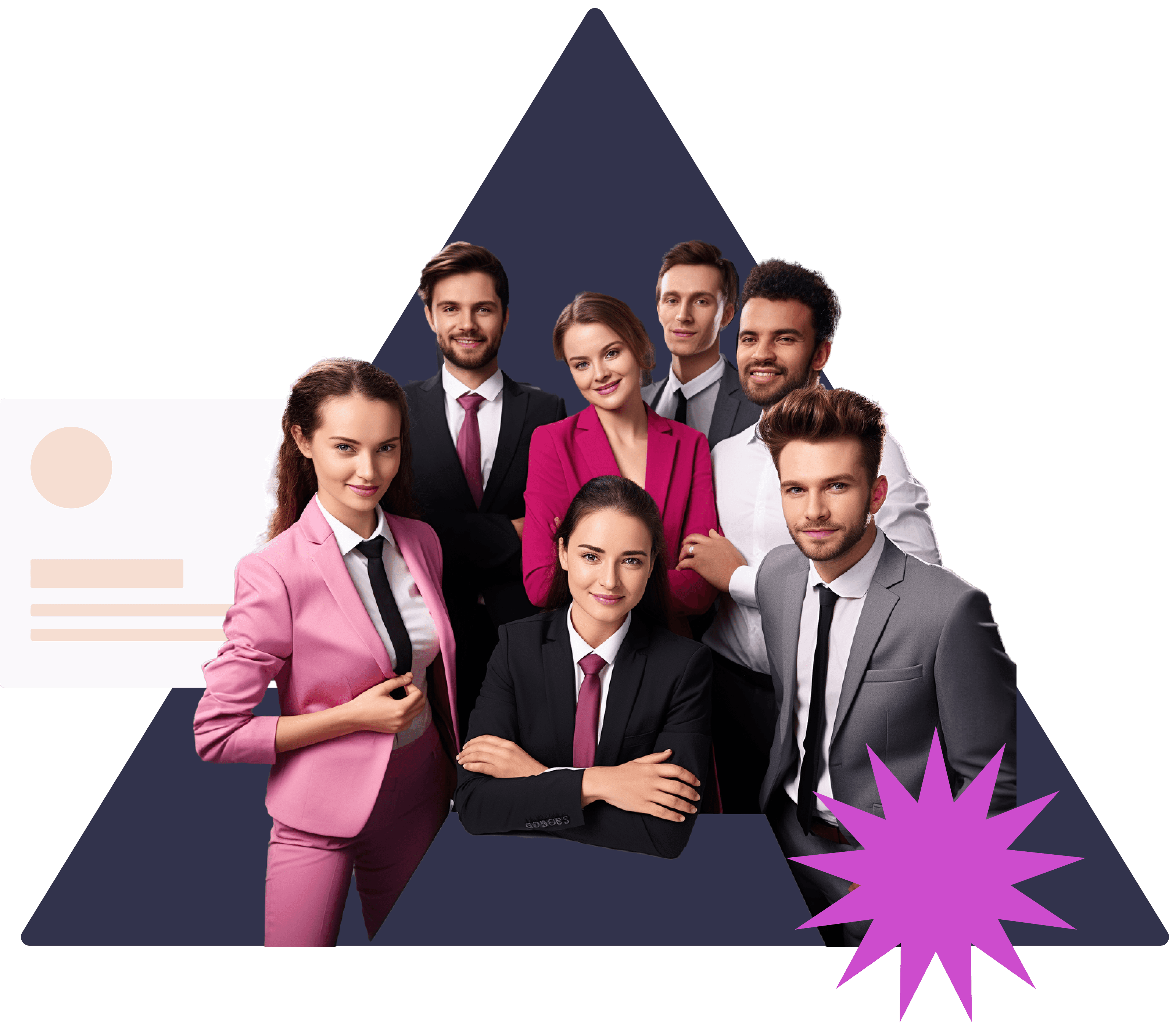 A team of smiling professionals in suits in front of a navy triangle, with a profile card and a magenta starburst