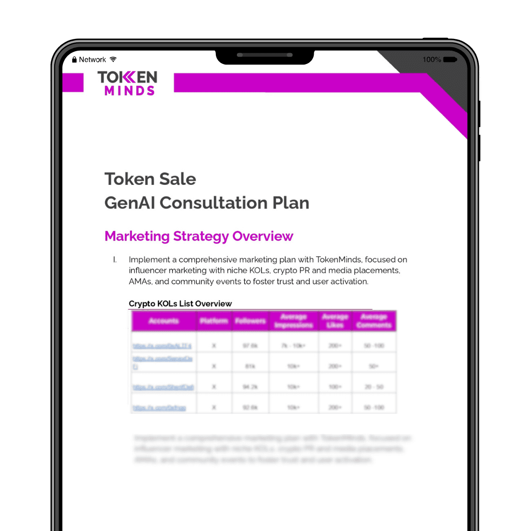 A Token Sale GenAI Consultation Plan by TokenMinds on a phone, opening with its marketing strategy overview and crypto KOL list