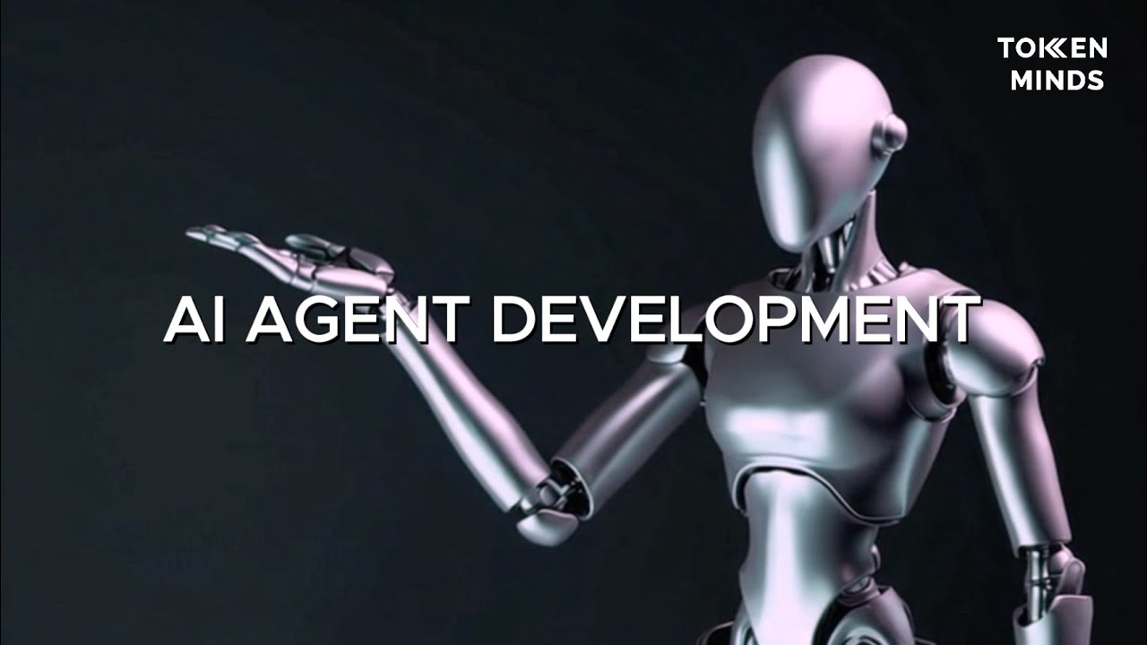 AI Agent Development: a silver humanoid robot holding out its hand, with the TokenMinds logo