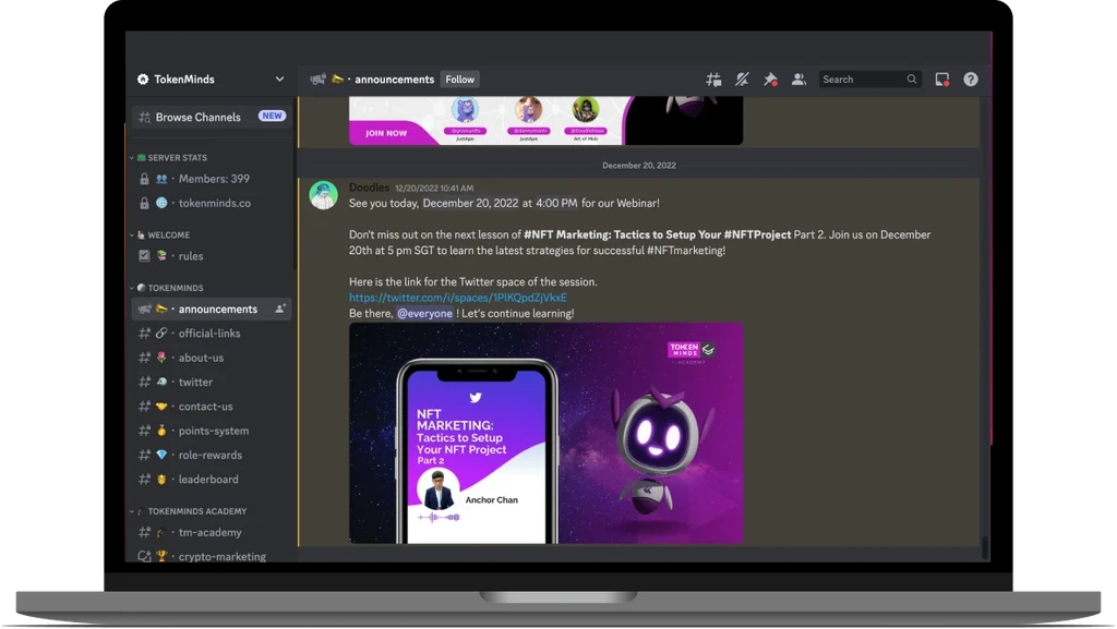 The TokenMinds private Discord server open on a laptop