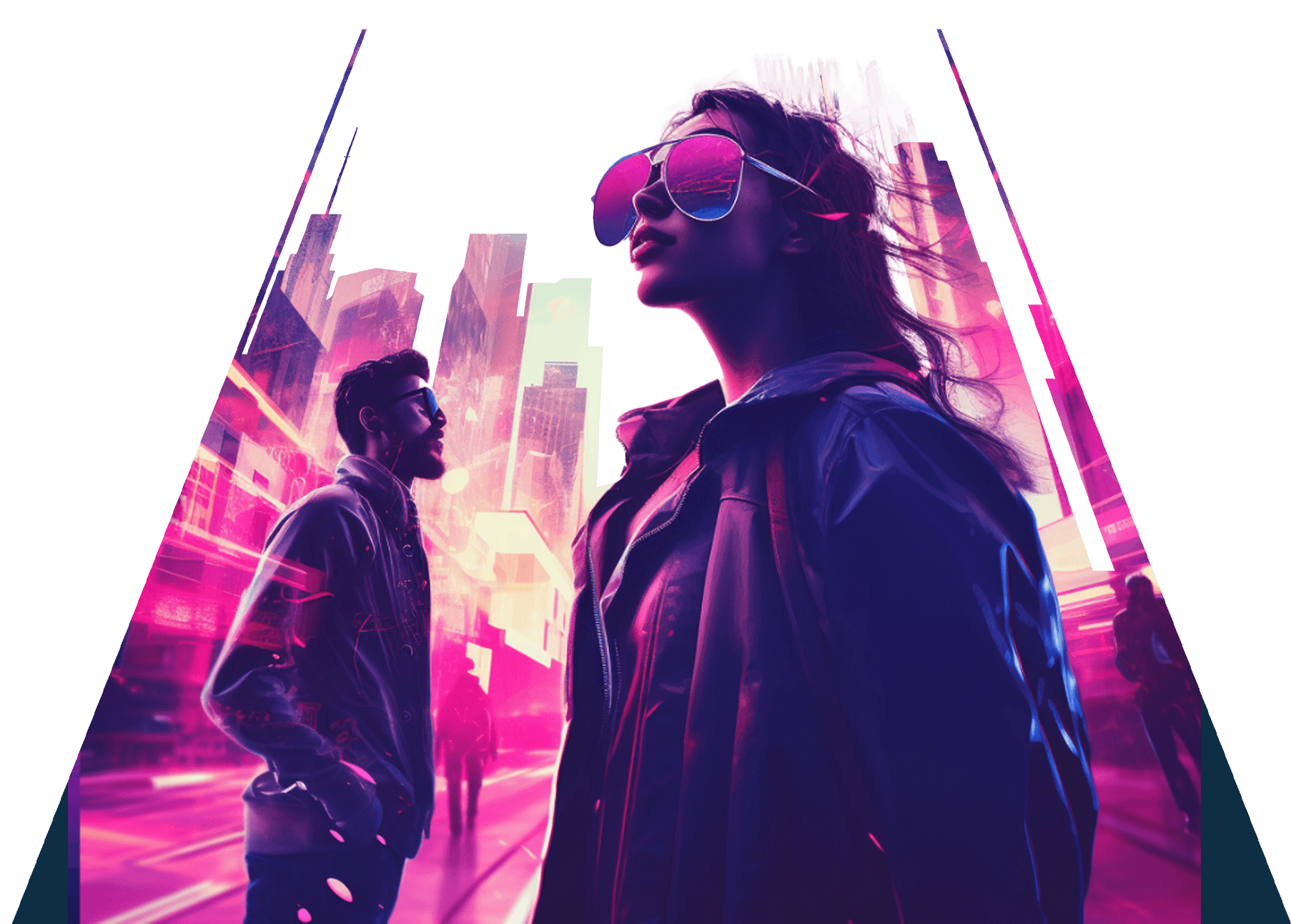 A woman in mirrored sunglasses and a man behind her on a neon-lit city street, framed in a tall trapezoid