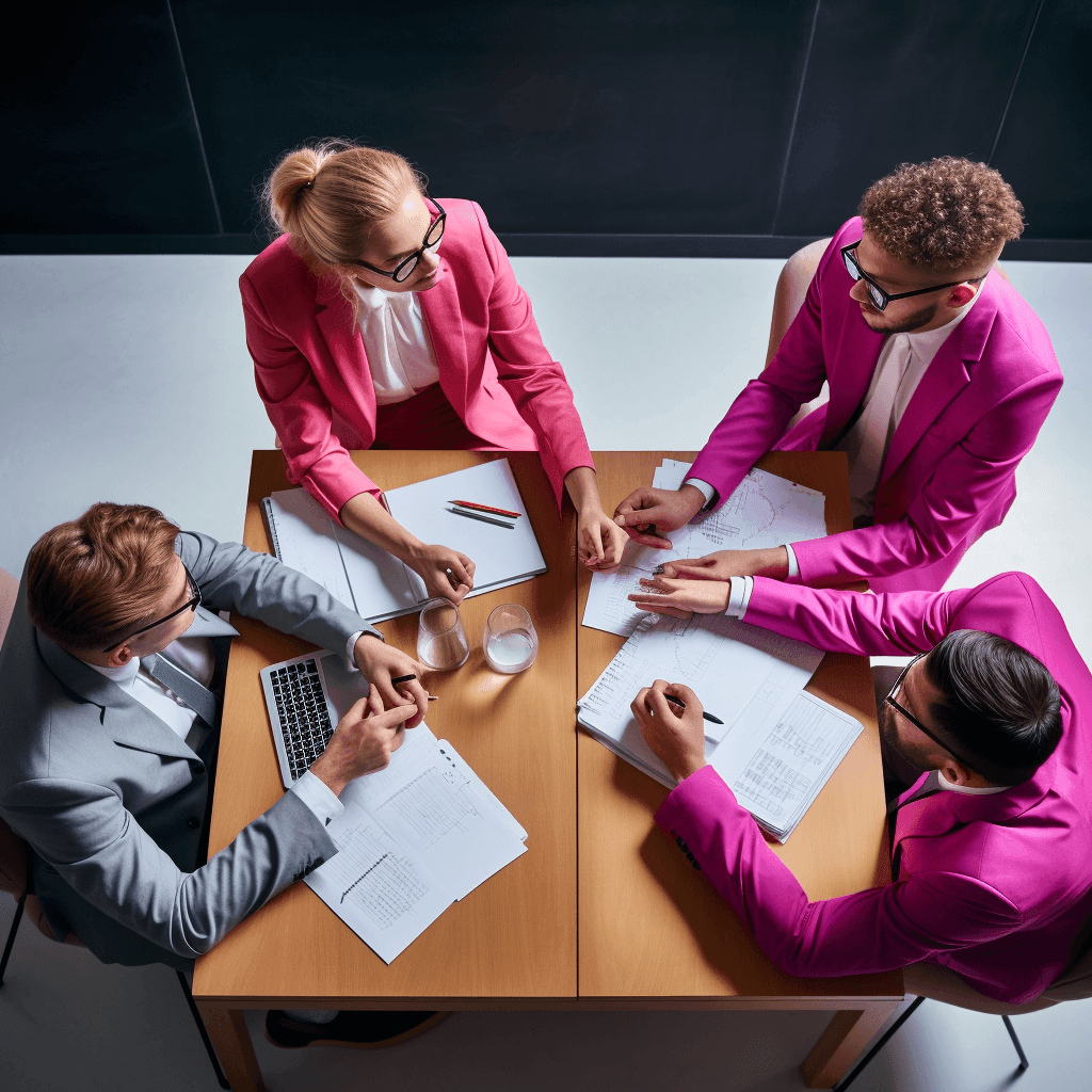 A team working through papers and a laptop around a meeting table, seen from above
