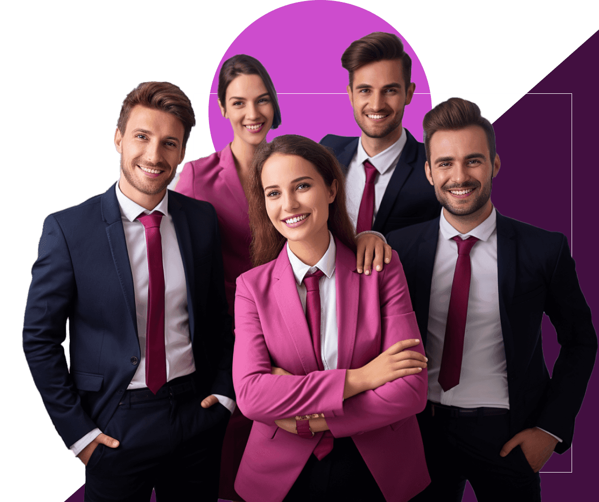 A smiling team of five advisors in suits