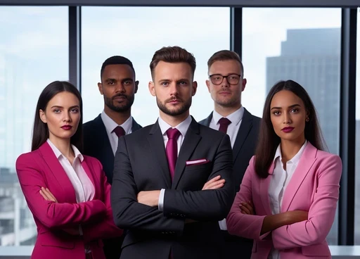 A team of five business people in suits in an office