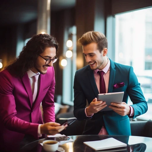 Two colleagues in suits smiling over a tablet