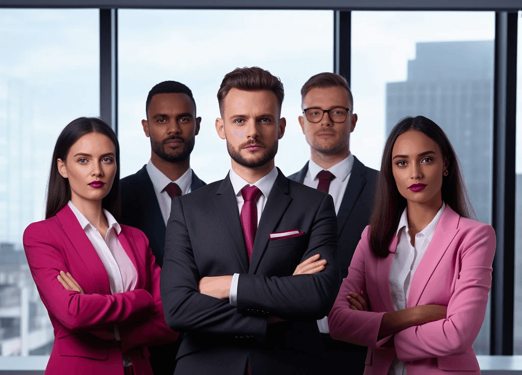 Five advisors in suits standing with arms crossed in a glass office