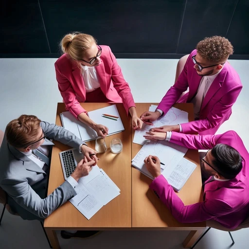 A team working together around a meeting table, seen from above