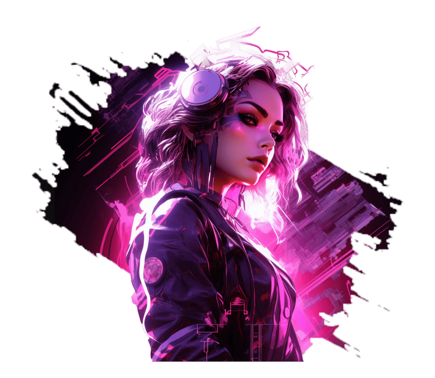 A young woman with wavy hair and large headphones in a dark jacket, lit in neon pink and violet before a dark brushstroke