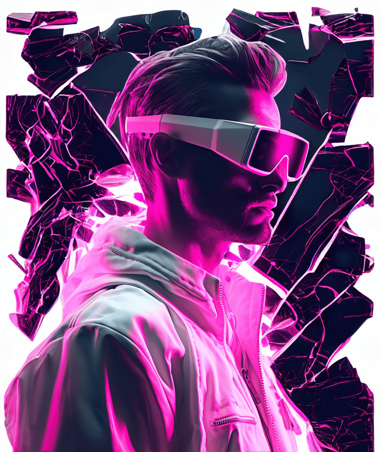 A man in a white hooded jacket and wraparound visor glasses, lit magenta, against shards of a shattered dark backdrop
