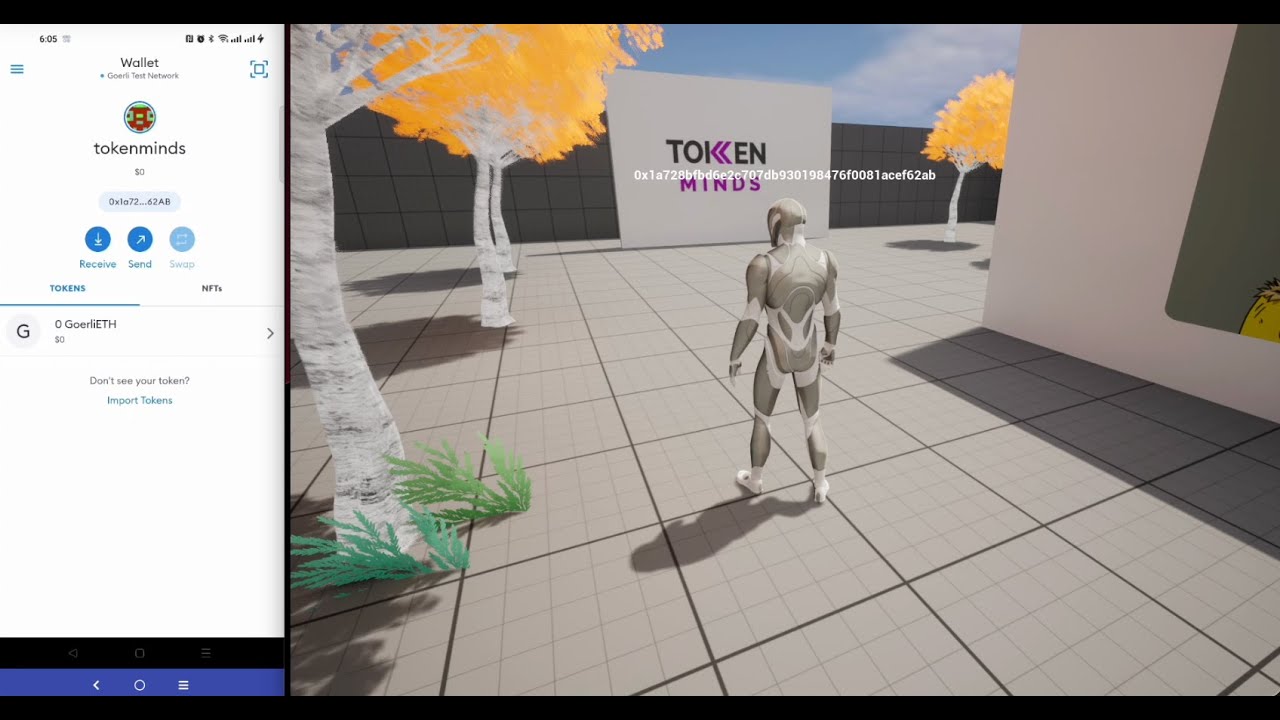 A TokenMinds metaverse demo: a crypto wallet app on a phone beside a 3D avatar walking through a gallery with the TokenMinds logo on the wall