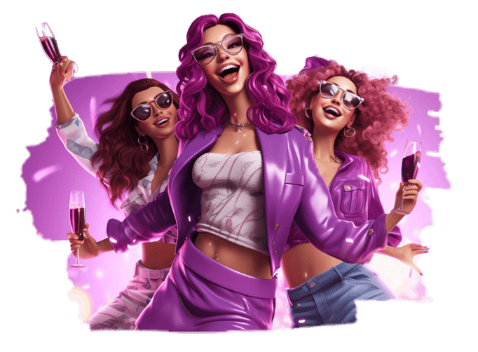 Three women in magenta and purple outfits and sunglasses laughing and raising glasses of red wine