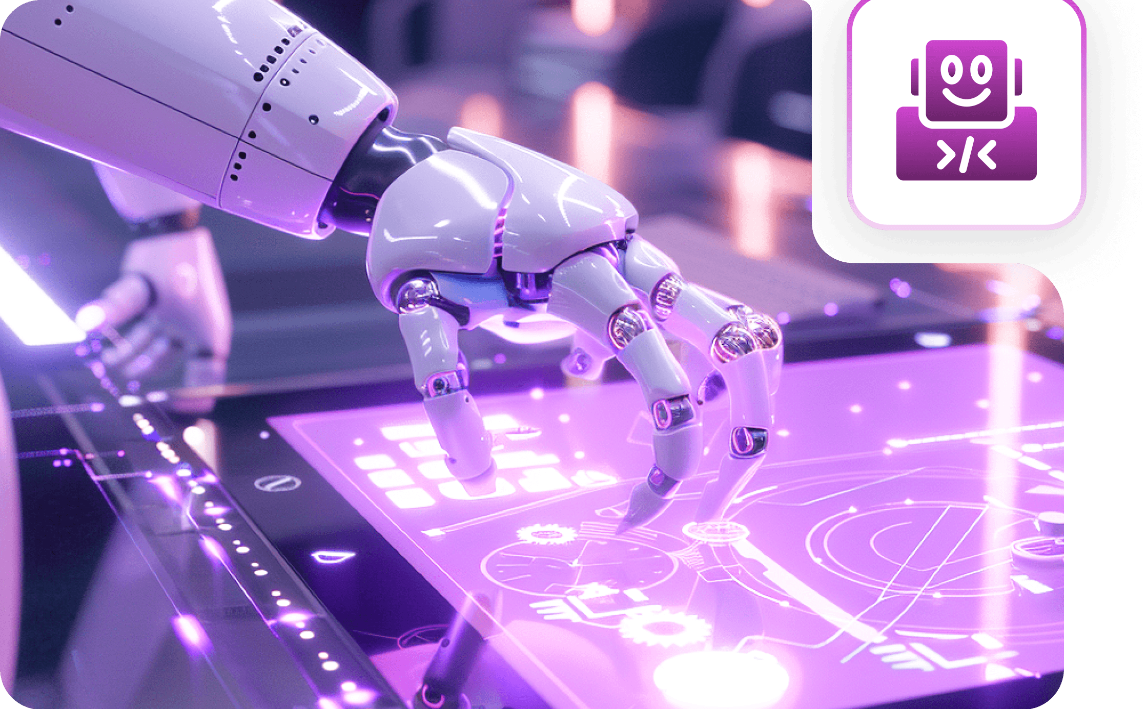 A white robot hand touching a glowing violet touchscreen, with a robot badge in the corner