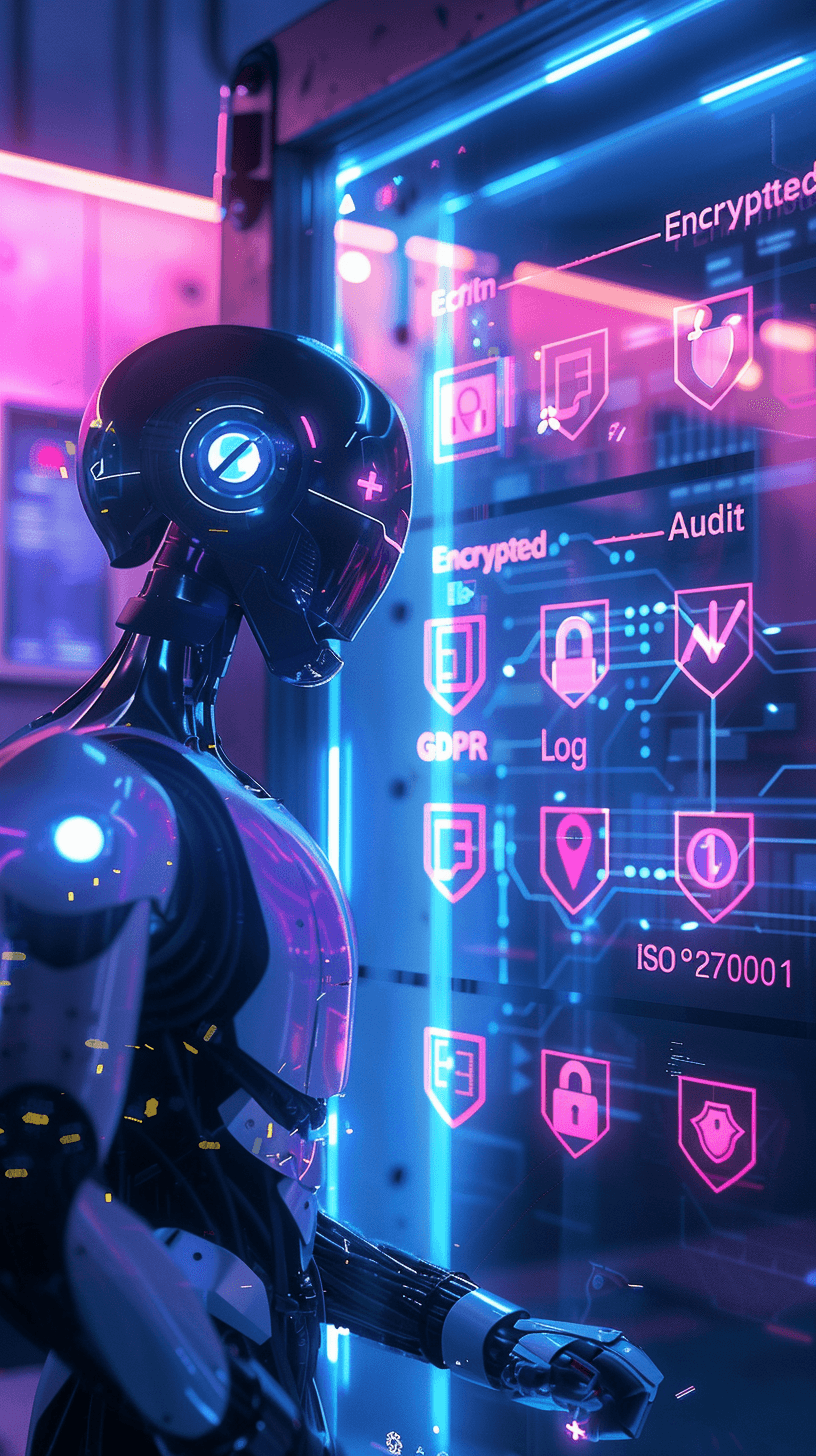 A robot in profile before a glowing panel of security icons labelled Encrypted, Audit, GDPR, Log and ISO 27001