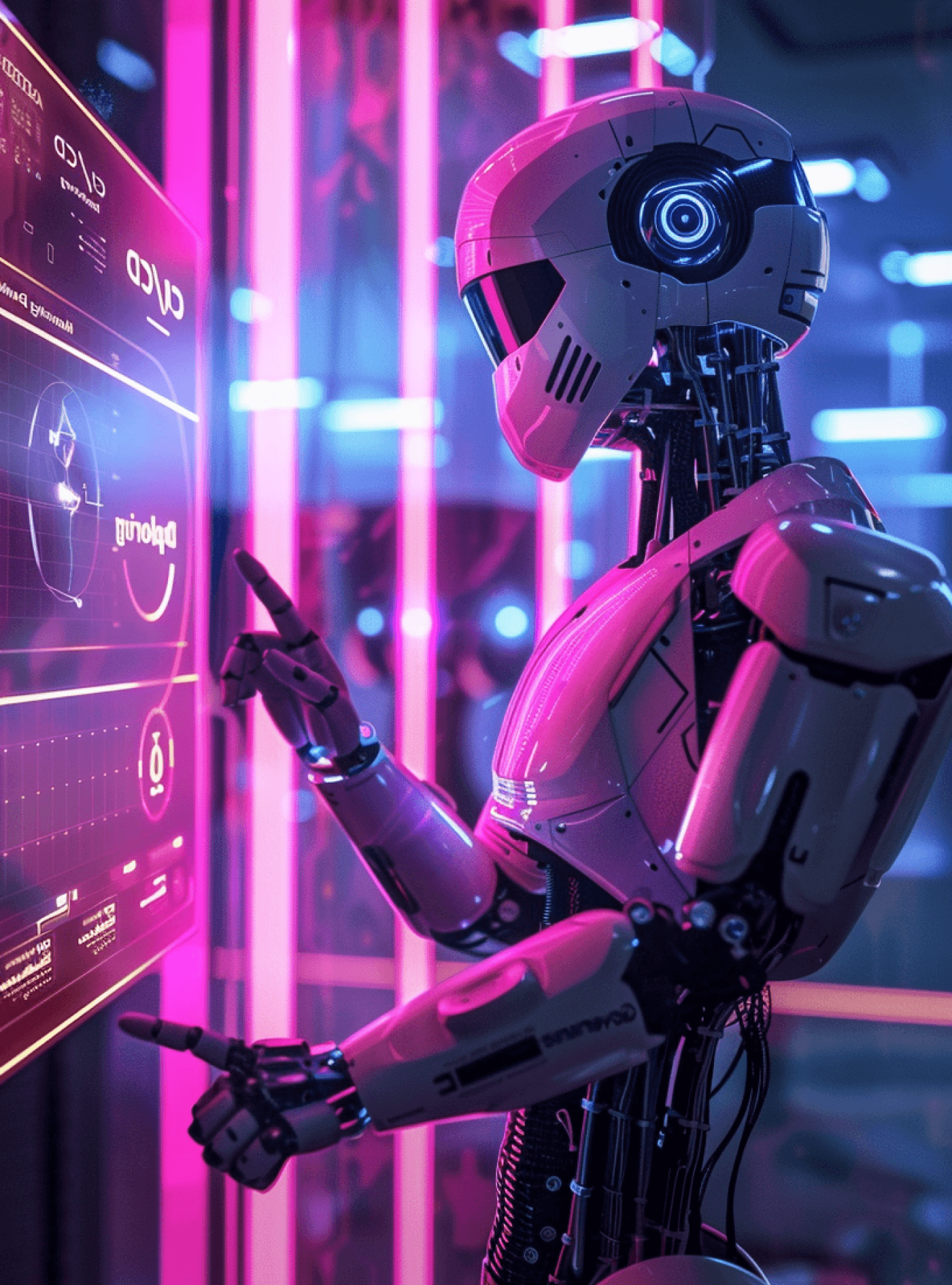 A humanoid robot touching a glowing violet screen in a neon-lit lab