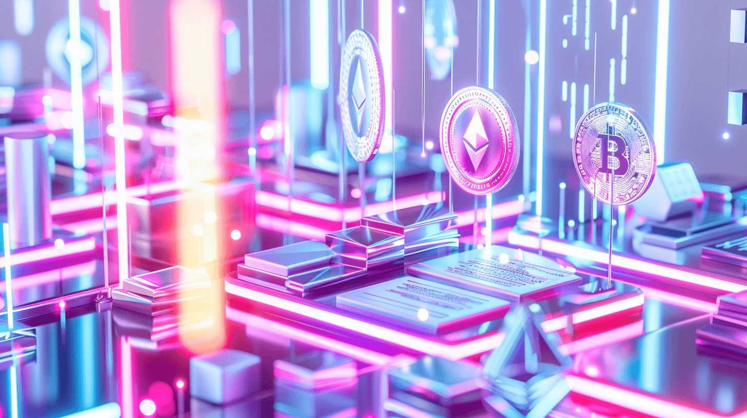 A neon city of circuit blocks with Ethereum and Bitcoin coins standing over it